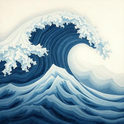 The primary subject of the image is a large wave, which is the main focus of the scene. The wave is depicted in a painting or drawing style, with a blue and white color scheme. The setting is a vast ocean, and the background features a sky. The visual style of the image is artistic, with a sense of depth and movement in the wave. The overall atmosphere is dynamic and powerful, capturing the essence of the ocean's force.